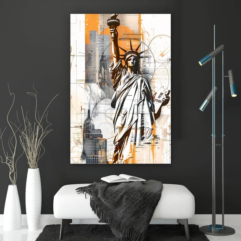 Acrylglasbild Freiheitsstatue vor moderner Stadt Hochformat