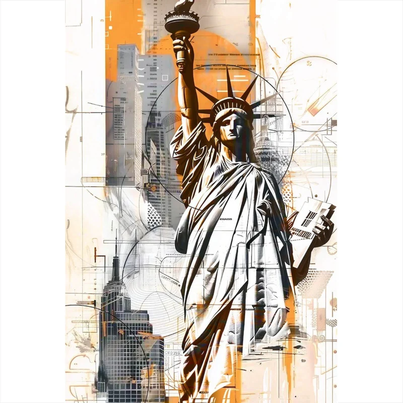 Aluminiumbild Freiheitsstatue vor moderner Stadt Hochformat