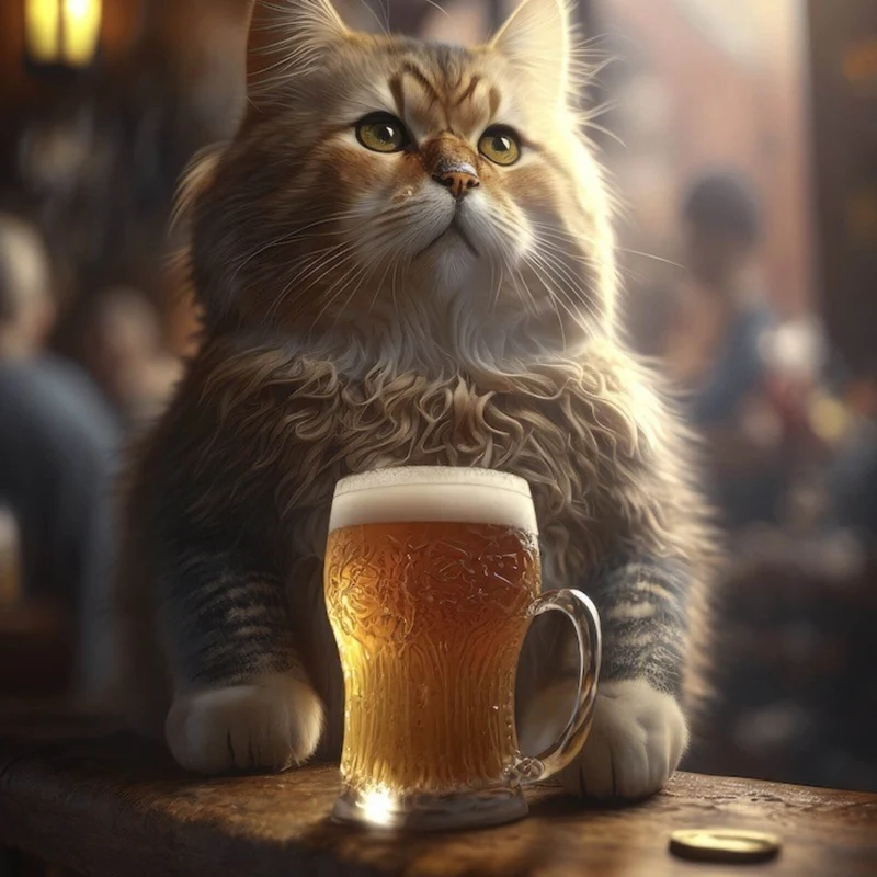 Poster Flauschige Katze genießt Bier in gemütlicher Kneipe Quadrat