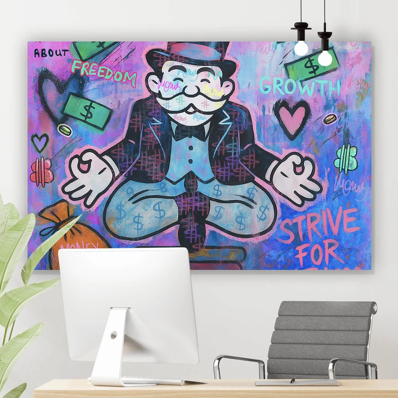Acrylglasbild Meditierende Spielfigur mit Geld und motivierenden Sprüchen Querformat
