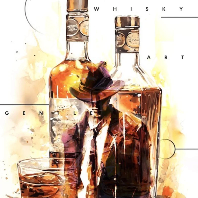 Acrylglasbild Whiskyflaschen und Glas vor künstlerischem Hintergrund Quadrat
