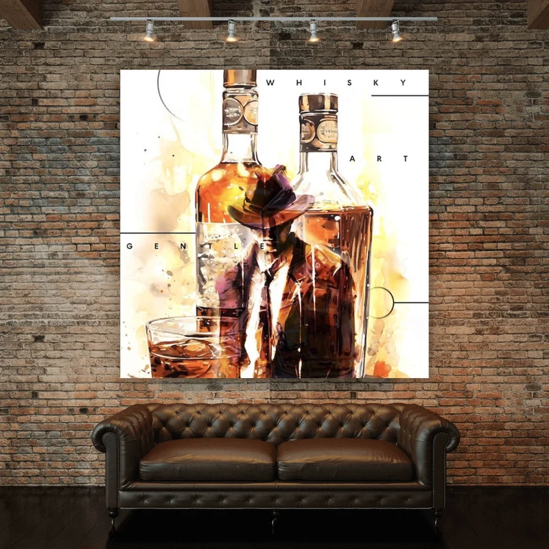 Leinwandbild Whiskyflaschen und Glas vor künstlerischem Hintergrund Quadrat