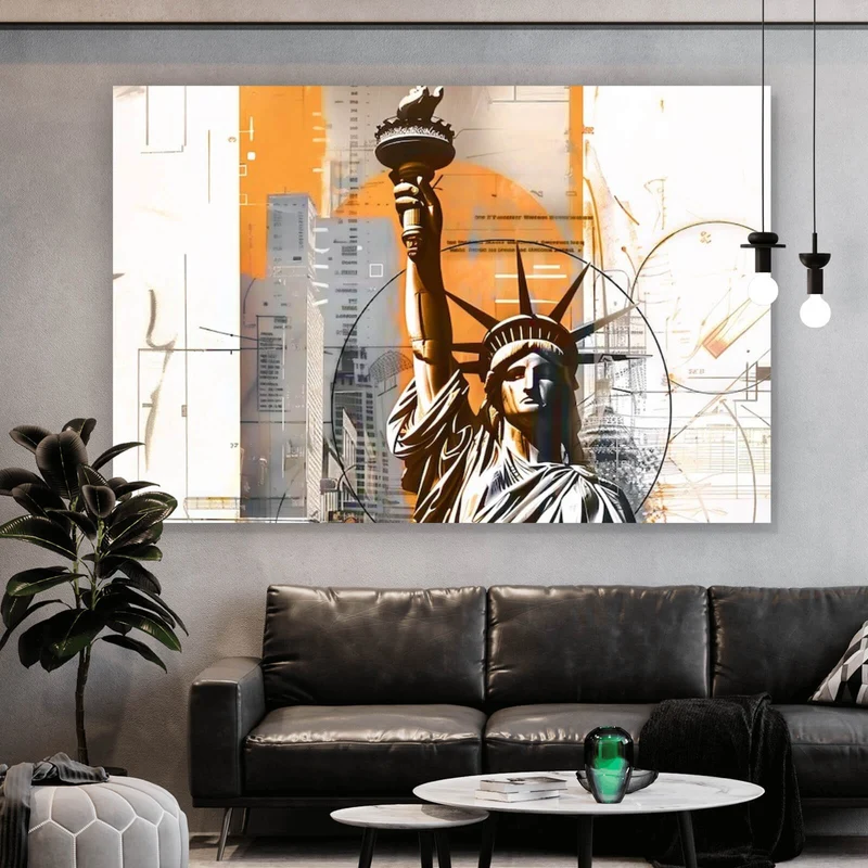Poster Freiheitsstatue vor moderner Stadt Querformat
