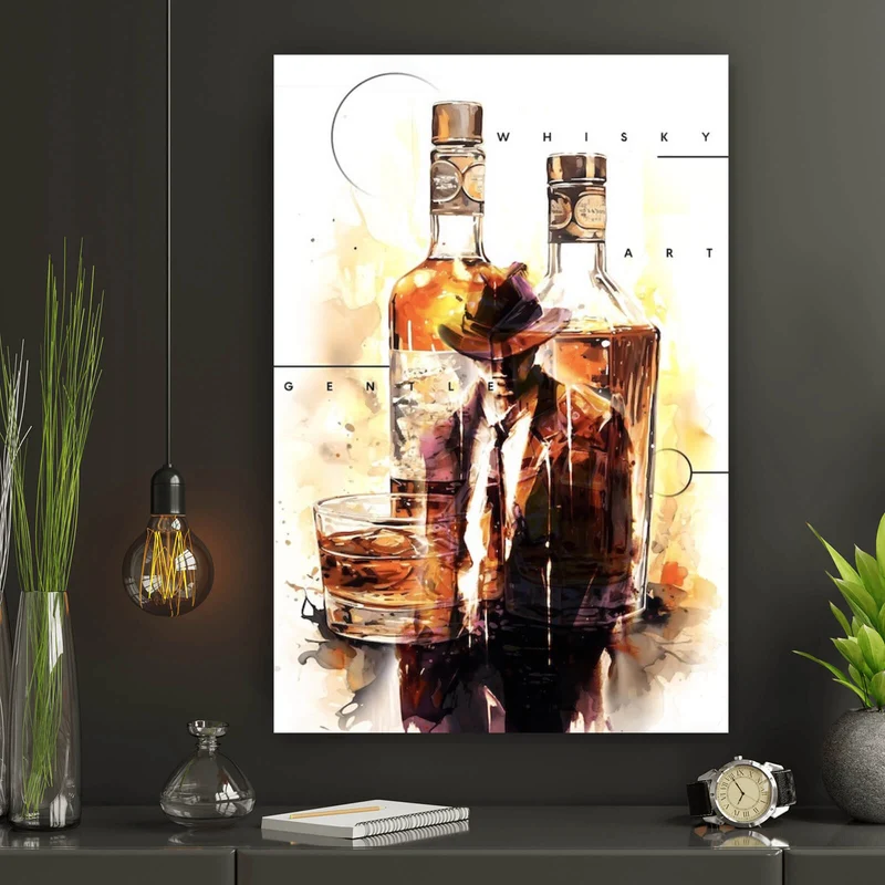 Poster Whiskyflaschen und Glas vor künstlerischem Hintergrund Hochformat