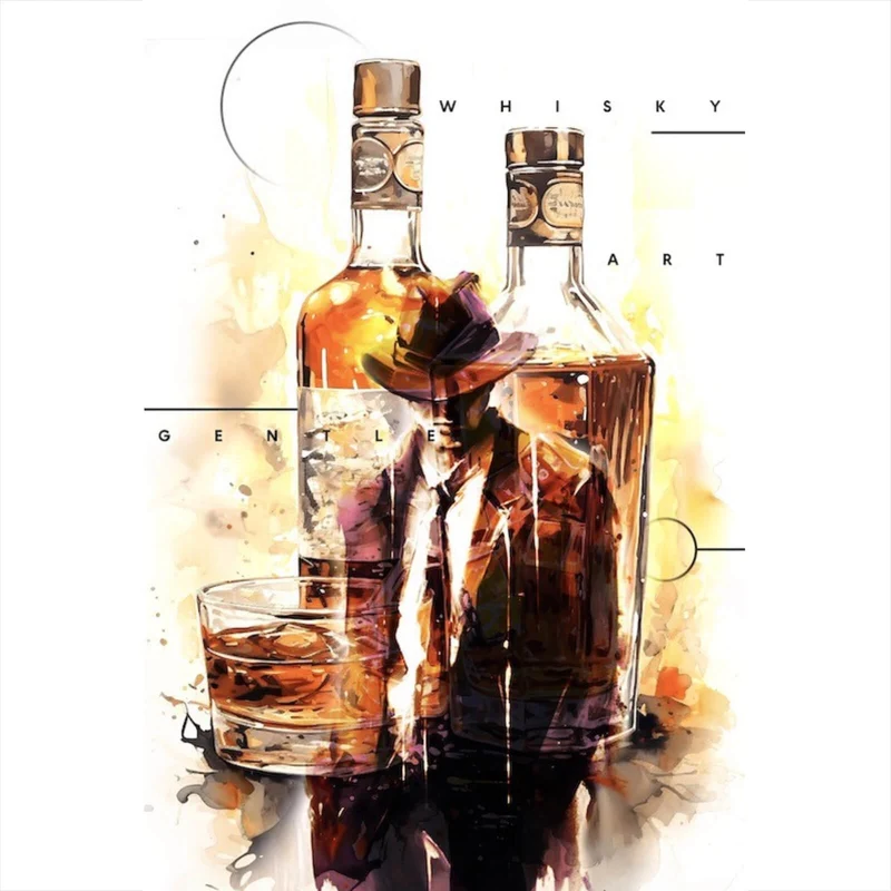 Poster Whiskyflaschen und Glas vor künstlerischem Hintergrund Hochformat
