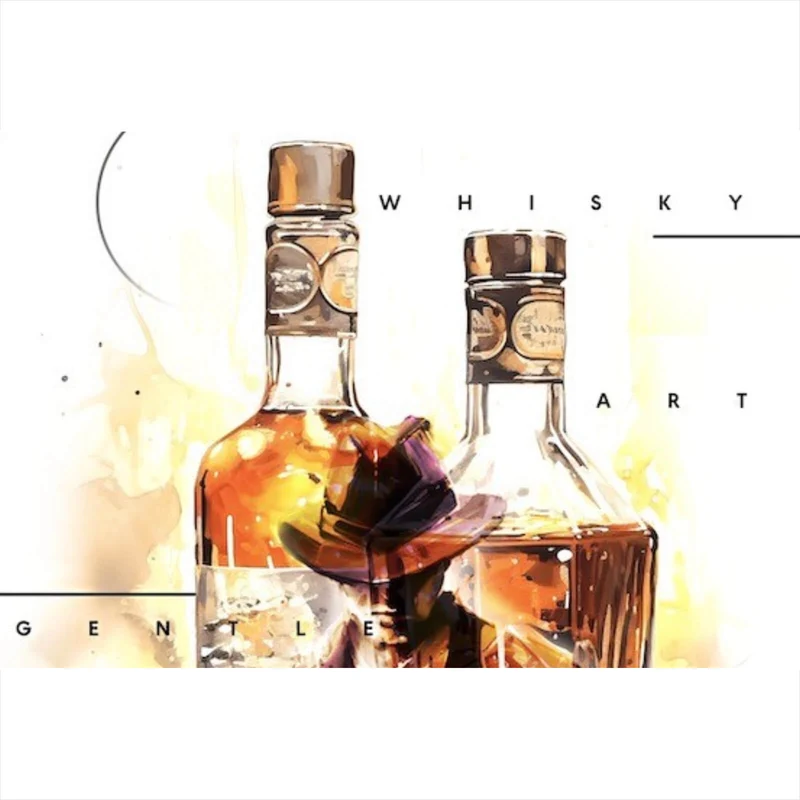 Aluminiumbild gebürstet Whiskyflaschen und Glas vor künstlerischem Hintergrund Querformat