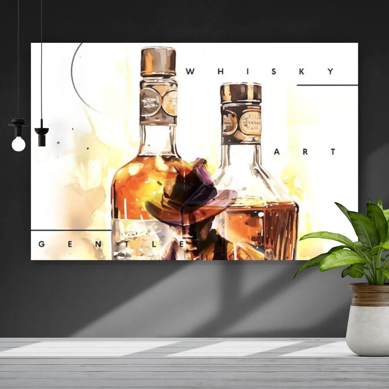 Poster Whiskyflaschen und Glas vor künstlerischem Hintergrund Querformat