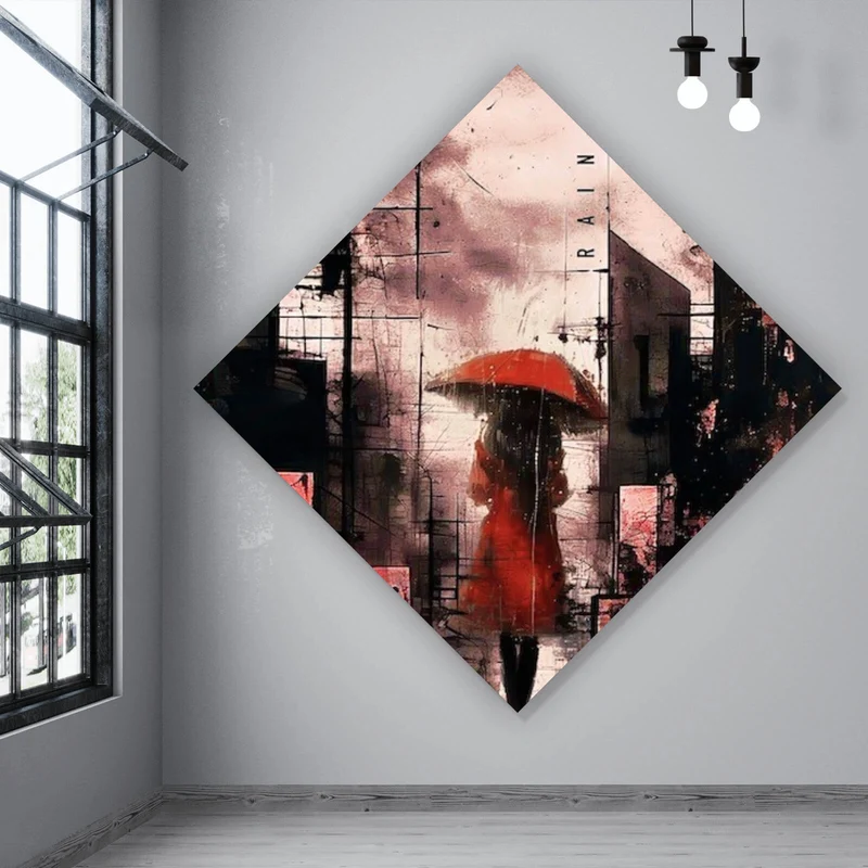 Acrylglasbild Frau mit Regenschirm in abstrakter Stadtlandschaft Raute