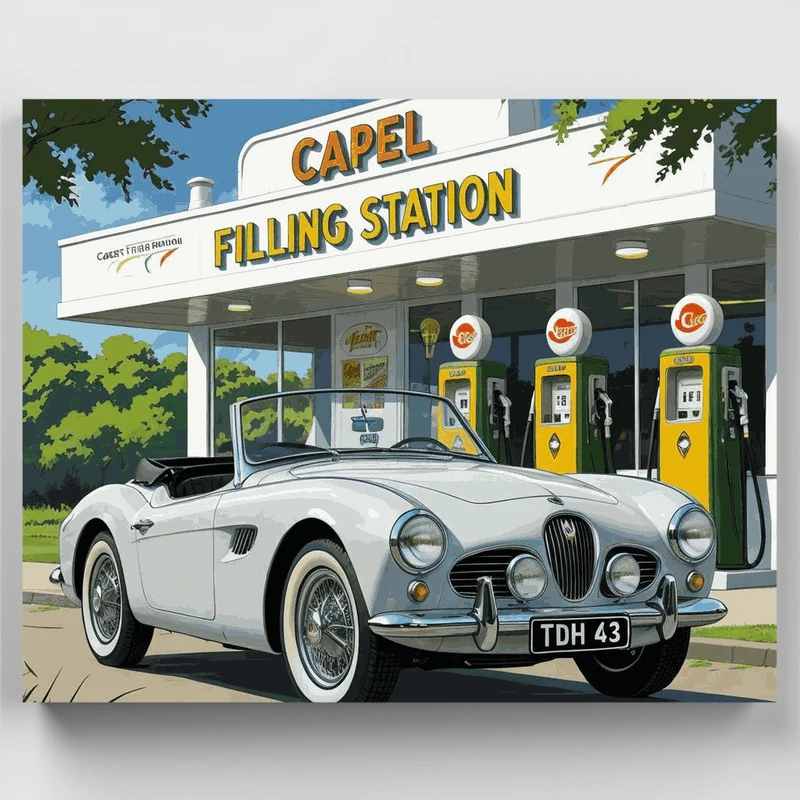 Classic Car at Vintage Gas Station - Paint by Numbers Kit