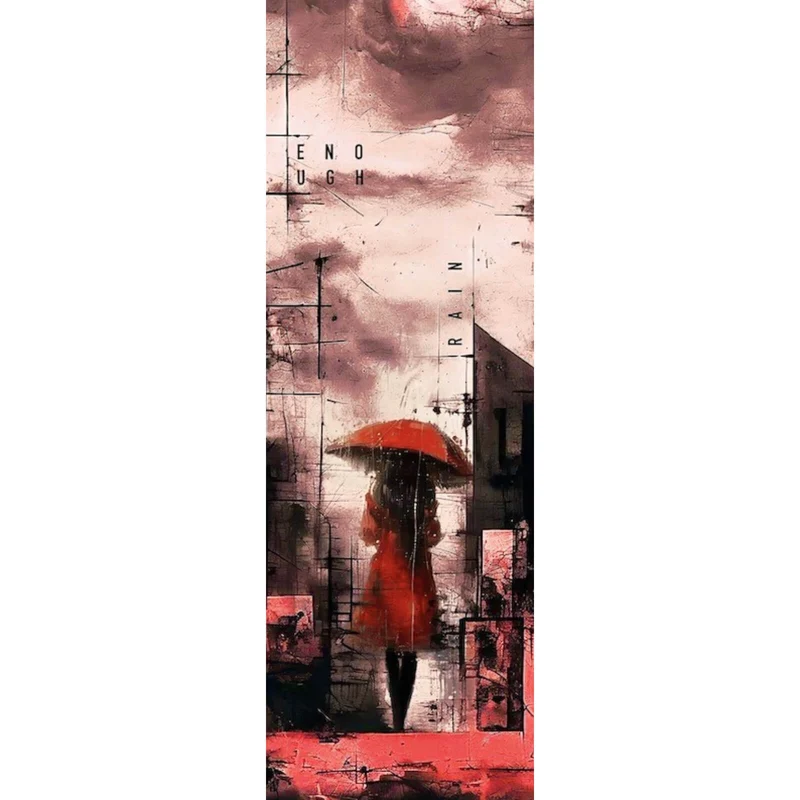 Spannrahmenbild Frau mit Regenschirm in abstrakter Stadtlandschaft Panorama Hoch