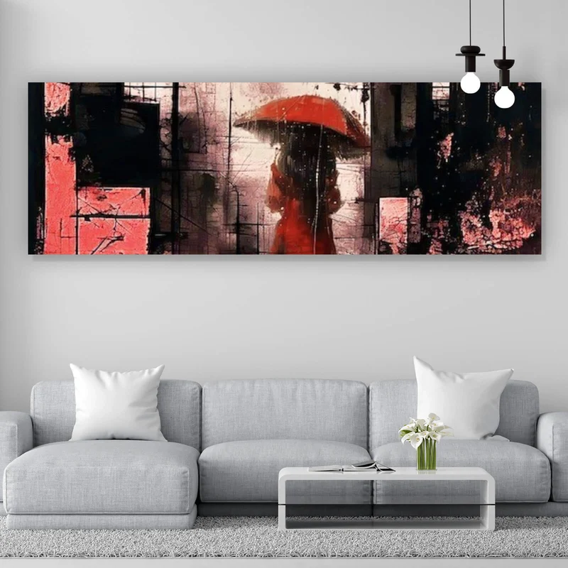 Aluminiumbild gebürstet Frau mit Regenschirm in abstrakter Stadtlandschaft Panorama