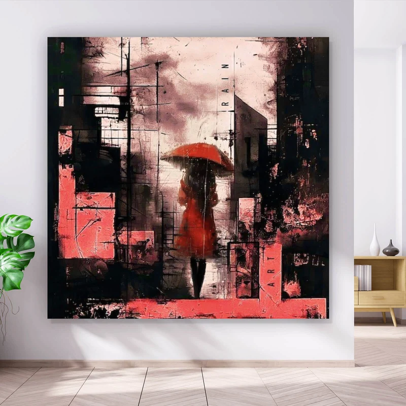 Aluminiumbild Frau mit Regenschirm in abstrakter Stadtlandschaft Quadrat