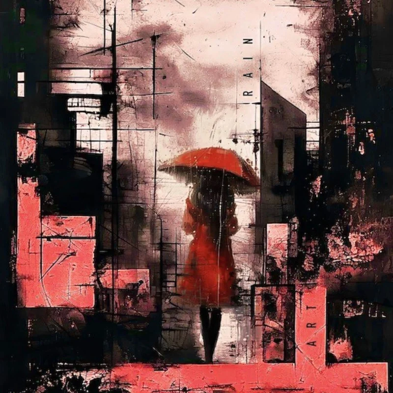 Poster Frau mit Regenschirm in abstrakter Stadtlandschaft Quadrat