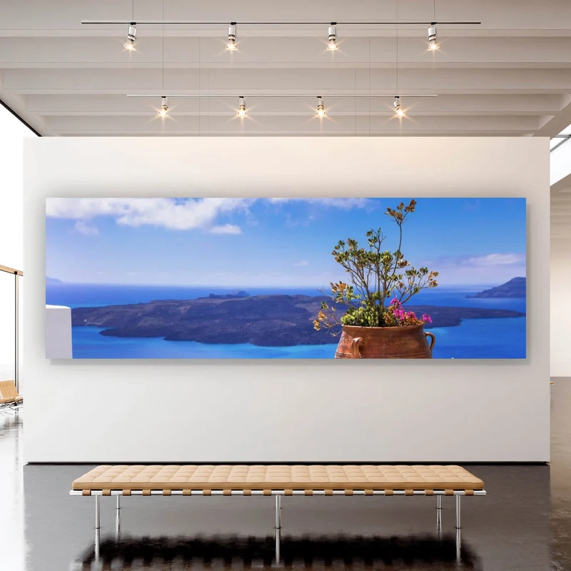 Acrylglasbild Mediterrane Terrasse mit atemberaubendem Meerblick Panorama