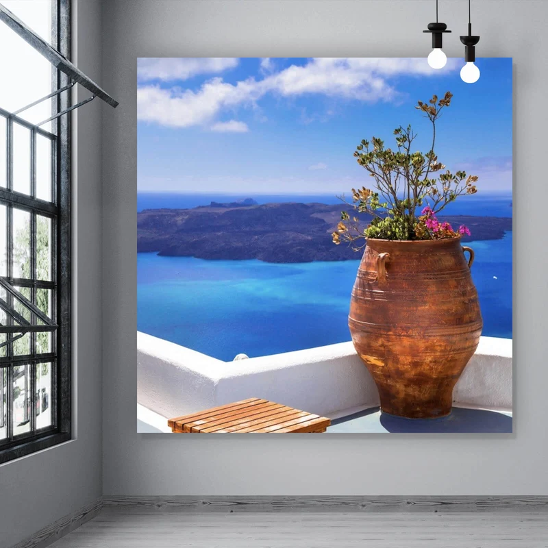 Leinwandbild Mediterrane Terrasse mit atemberaubendem Meerblick Quadrat