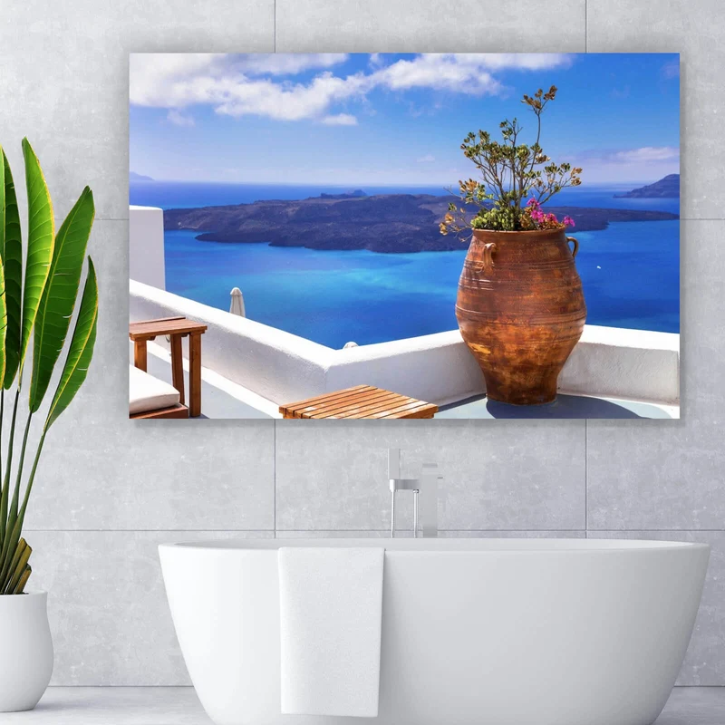 Poster Mediterrane Terrasse mit atemberaubendem Meerblick Querformat