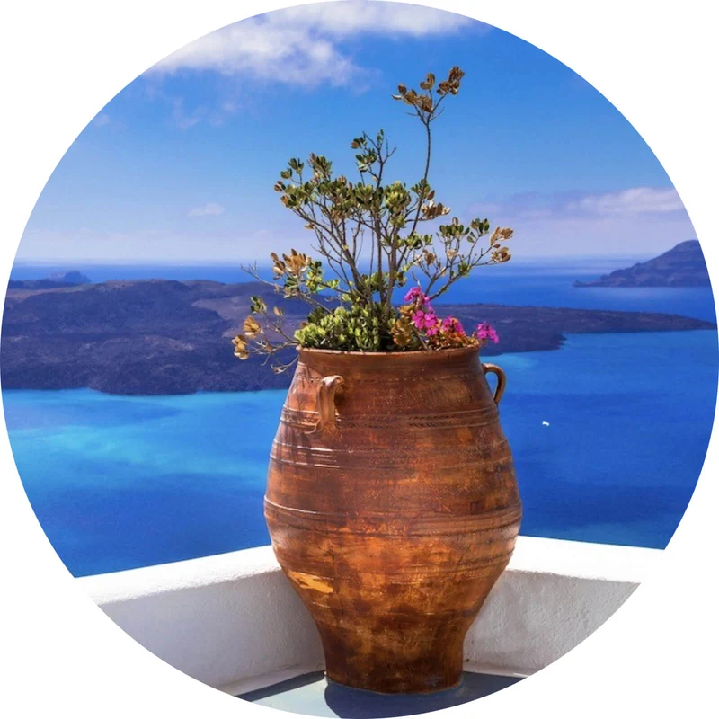 Aluminiumbild gebürstet Mediterrane Terrasse mit atemberaubendem Meerblick Kreis