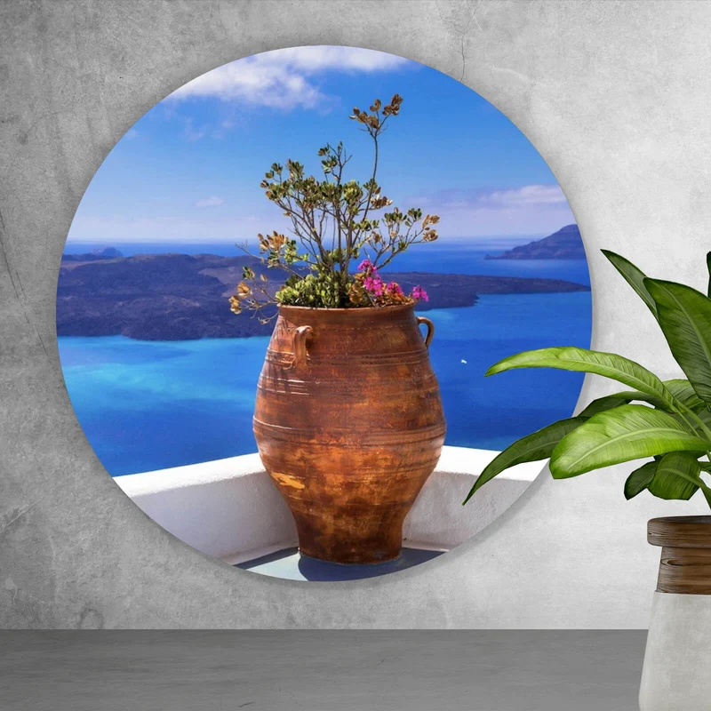 Aluminiumbild Mediterrane Terrasse mit atemberaubendem Meerblick Kreis