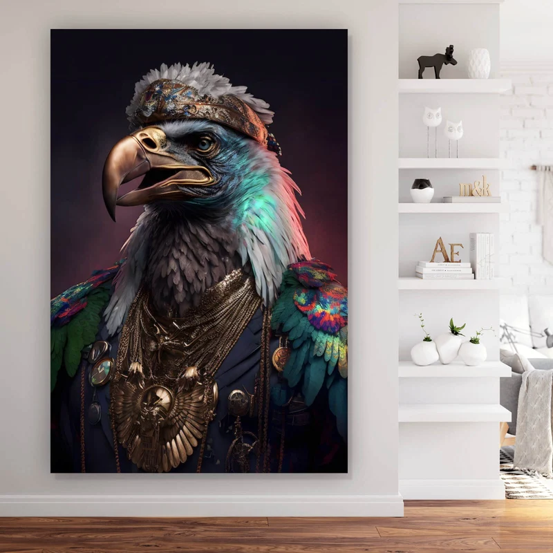 Poster Stolzer Adler in königlicher Kleidung mit Schmuck Hochformat