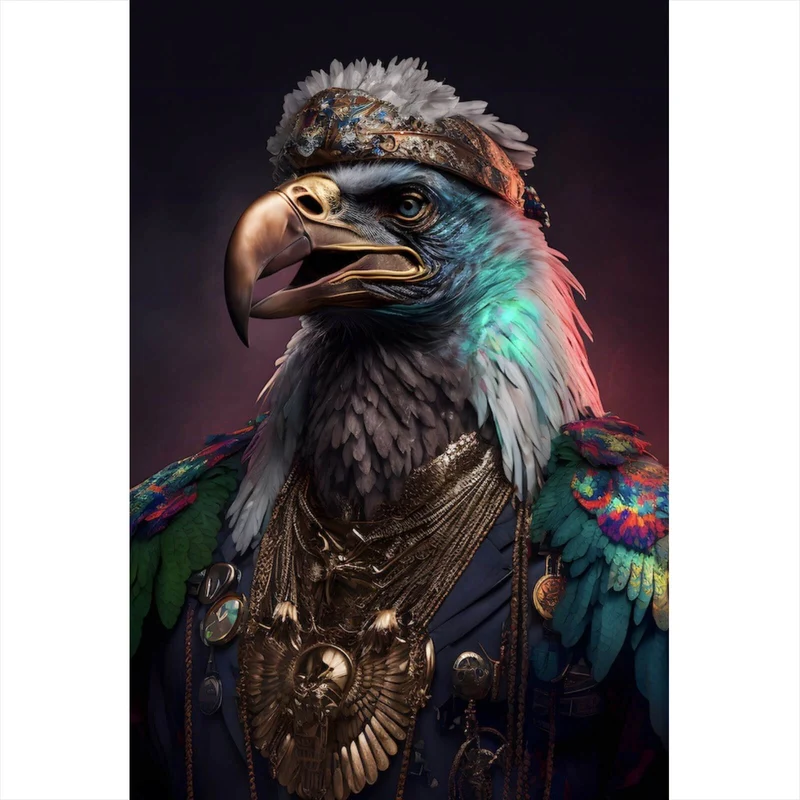 Poster Stolzer Adler in königlicher Kleidung mit Schmuck Hochformat