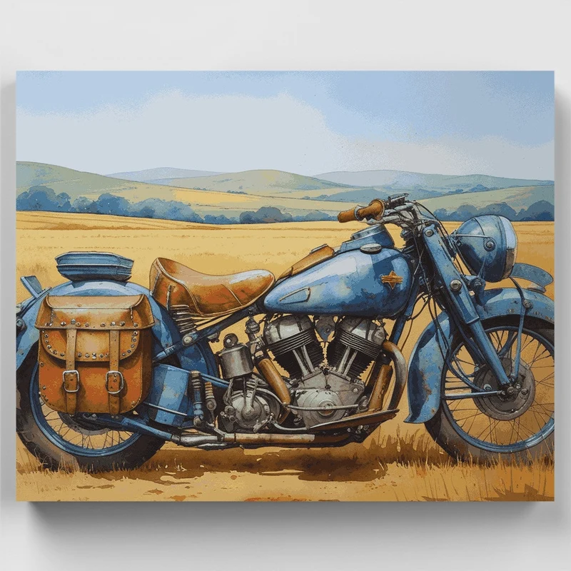 Vintage Blue Motorcycle in Prairie - Paint by Numbers Kit