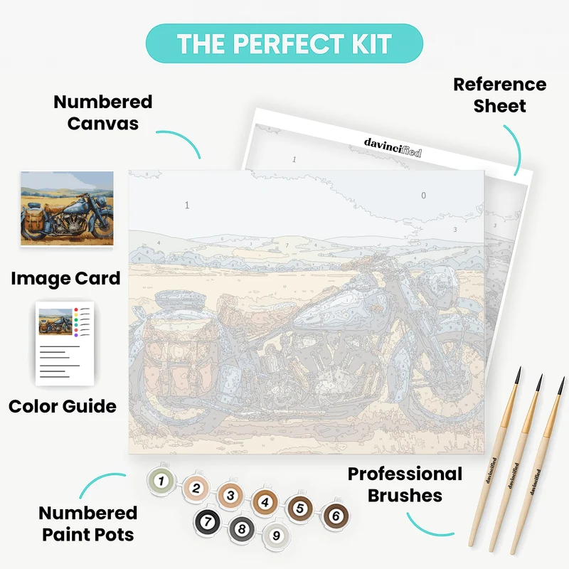 Vintage Blue Motorcycle in Prairie - Paint by Numbers Kit
