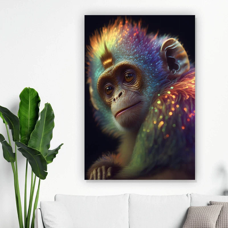 Spannrahmenbild Farbenfroher Affe mit leuchtendem Fell Hochformat