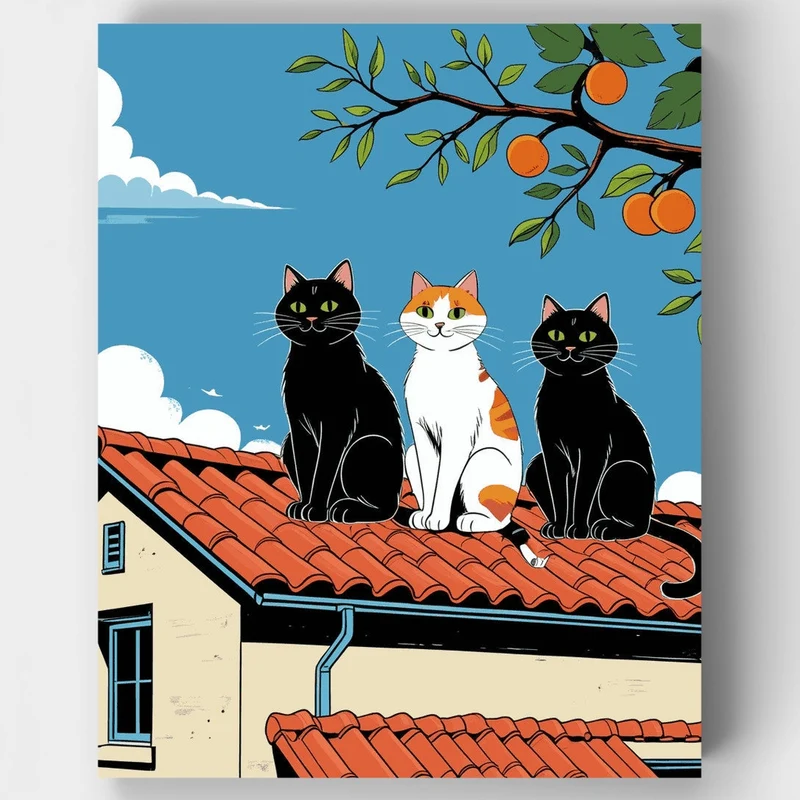 Three Cats on a Mediterranean Rooftop - Paint by Numbers Kit