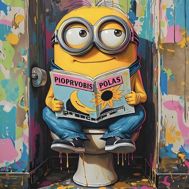 Spannrahmenbild Gelbe Comic Figur liest auf bunter Toilette Zeitung Quadrat
