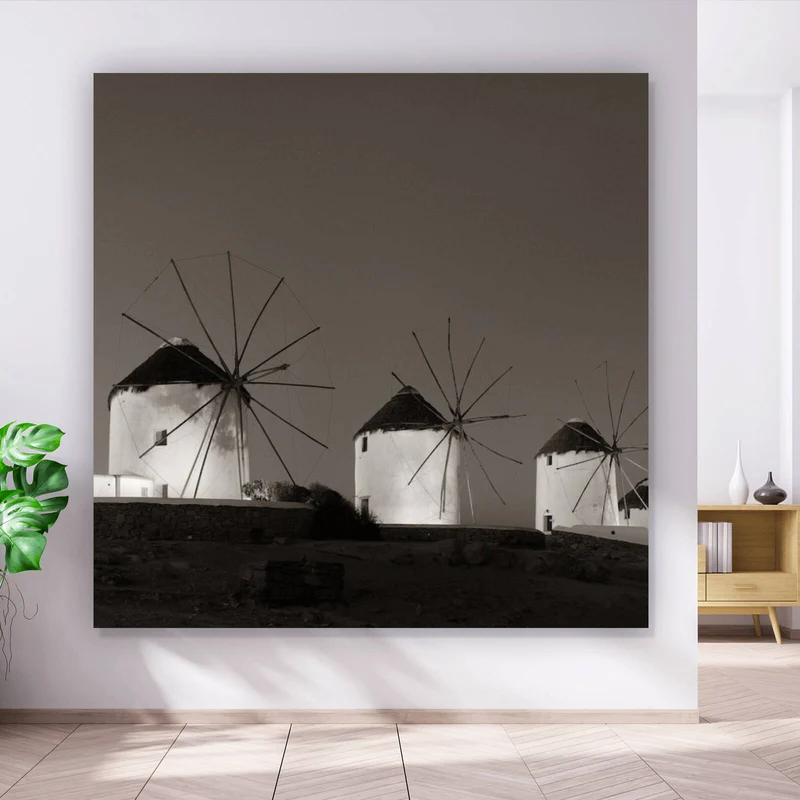 Leinwandbild Historische Windmühlen bei Dämmerung Quadrat