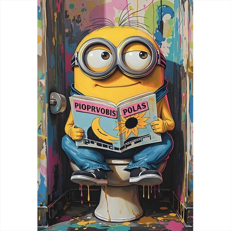Leinwandbild Gelbe Comic Figur liest auf bunter Toilette Zeitung Hochformat