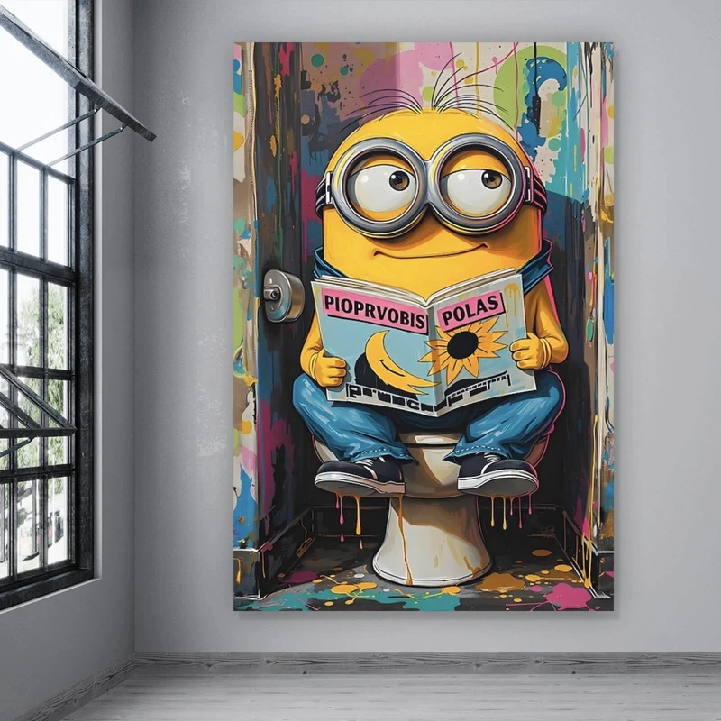 Poster Gelbe Comic Figur liest auf bunter Toilette Zeitung Hochformat