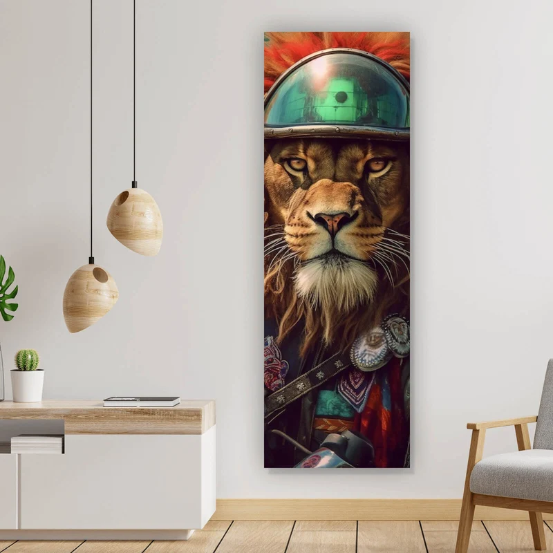 Spannrahmenbild Löwe mit Brille und Lederjacke Panorama Hoch