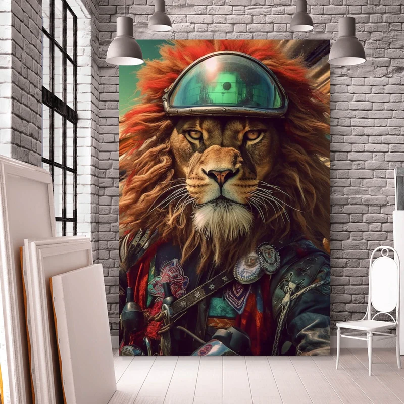 Leinwandbild Löwe mit Brille und Lederjacke Hochformat