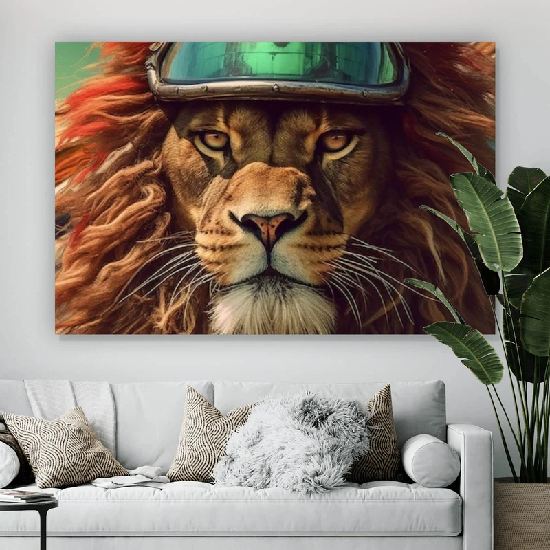 Acrylglasbild Löwe mit Brille und Lederjacke Querformat