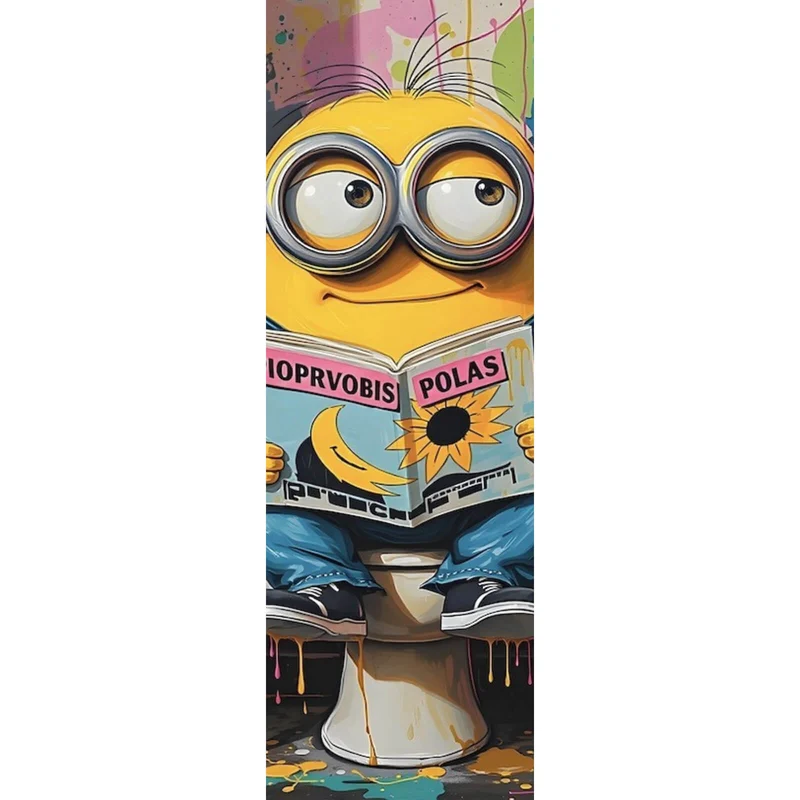 Acrylglasbild Gelbe Comic Figur liest auf bunter Toilette Zeitung Panorama Hoch