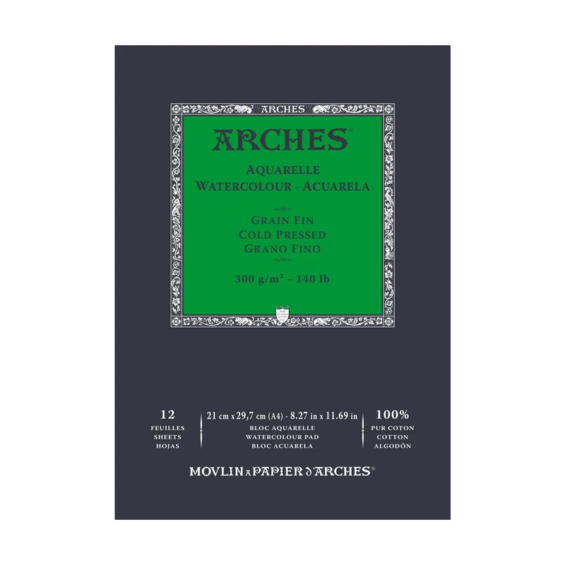 Blocco acquerello ARCHES grana fine pressato a freddo bianco naturale 300 g/m² - 12 fogli (formati A5 – A3)