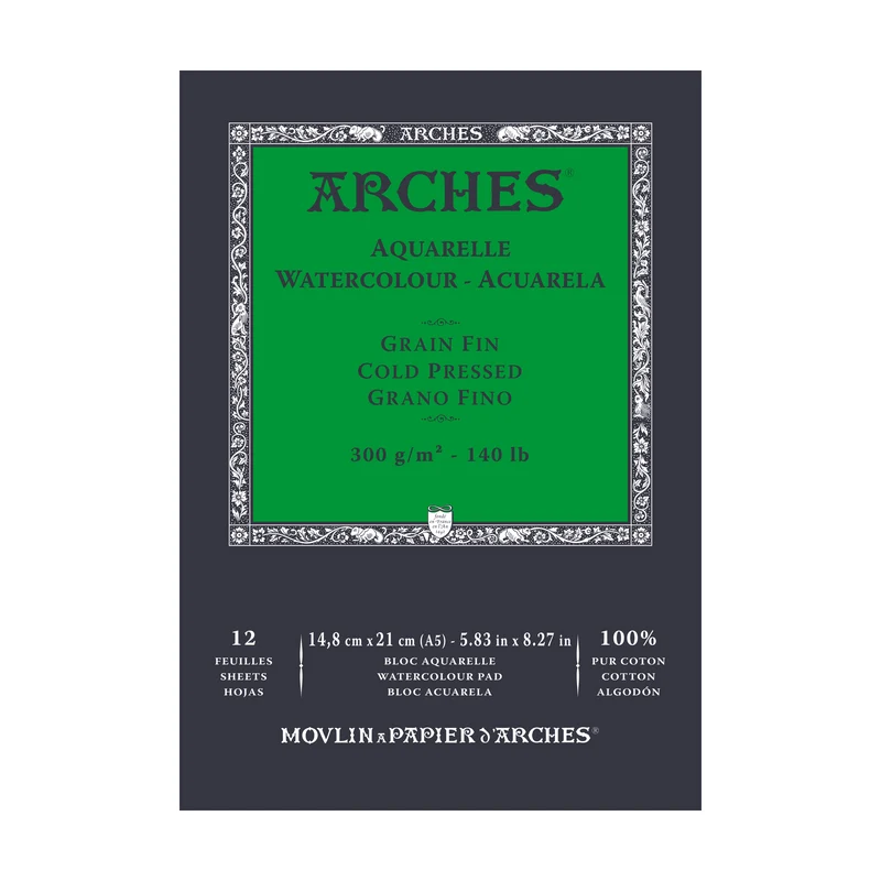 ARCHES akvarelový blok jemnozrnný lisovaný za studena prírodná biela 300 g/m² - 12 listov (veľkosti A5 – A3)