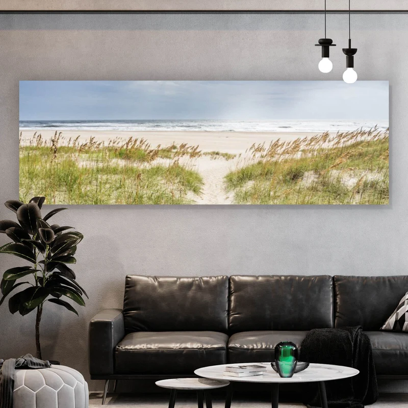 Acrylglasbild Strandweg zwischen Dünen unter wolkigem Himmel Panorama