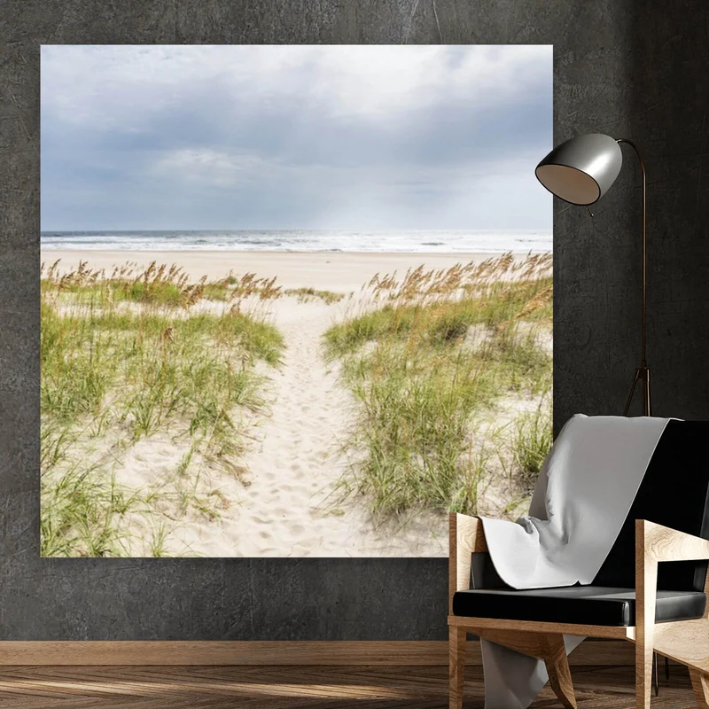 Aluminiumbild Strandweg zwischen Dünen unter wolkigem Himmel Quadrat