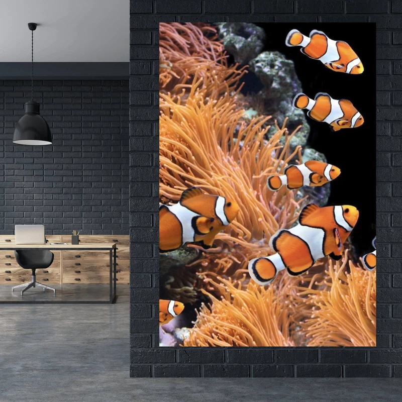 Leinwandbild Clownfische schwimmen im lebendigen Korallenriff Hochformat