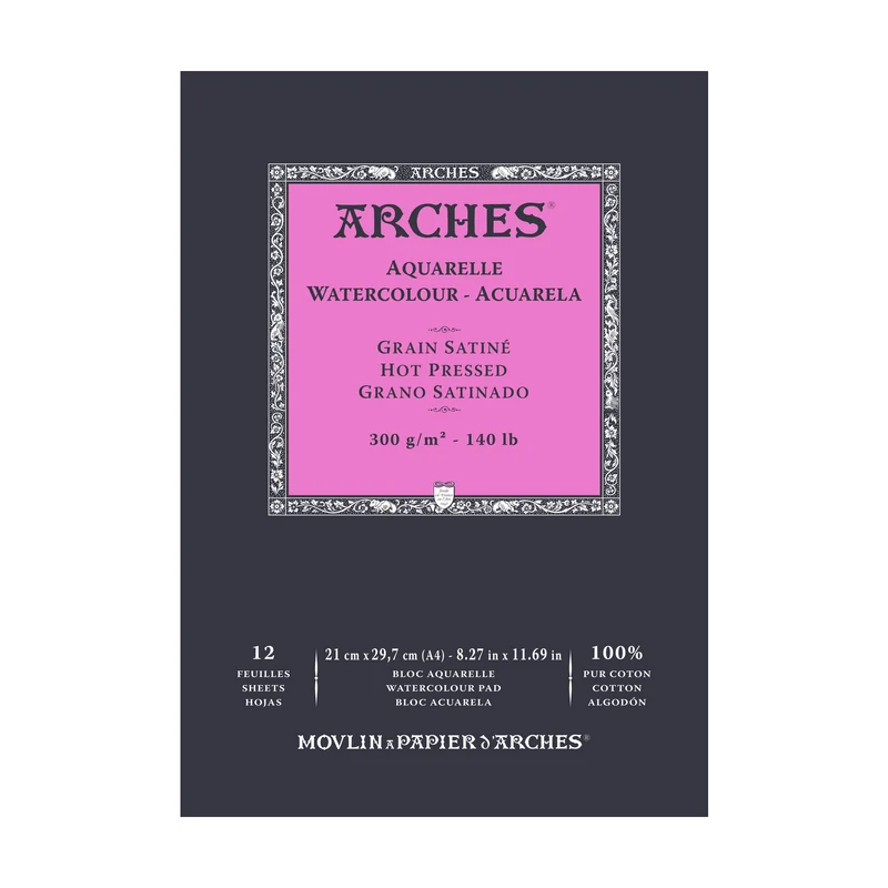 ARCHES Aquarellblock satiniert HP naturweiß 300 g/m² A5 – A3 - 12 Blatt