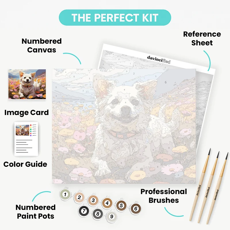 Happy Dog in Flowers - Paint by Numbers Kit