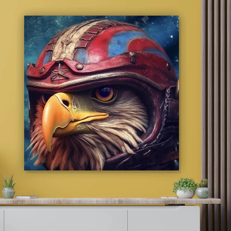 Leinwandbild Stolzer Adler in Lederjacke und Helm Quadrat