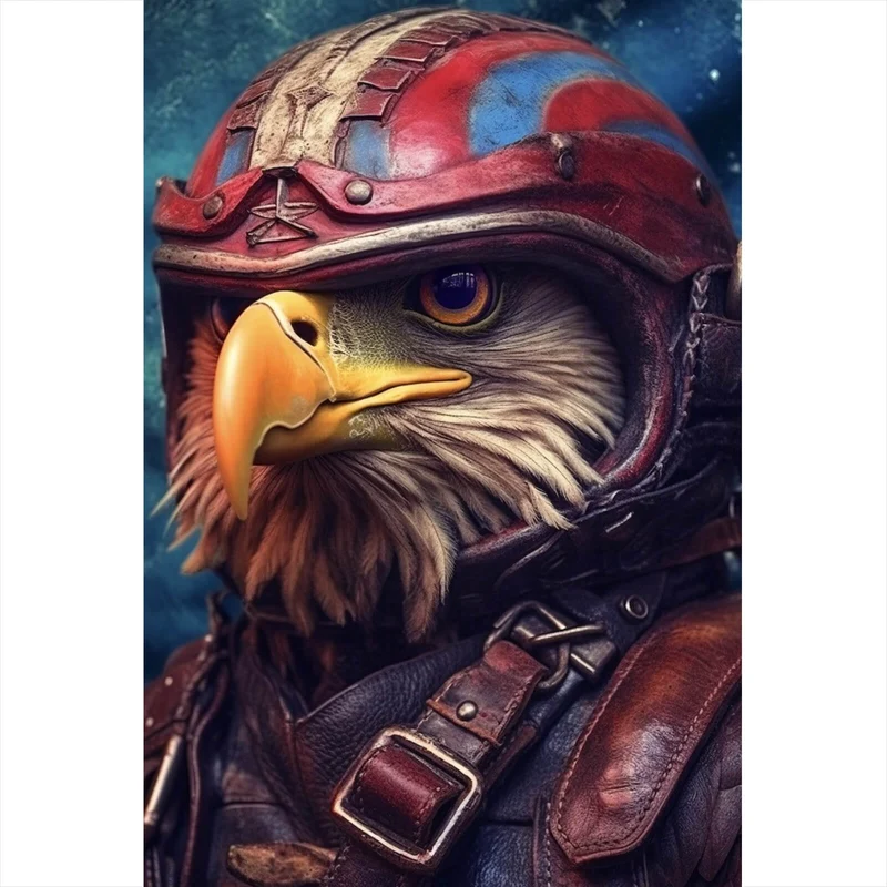 Acrylglasbild Stolzer Adler in Lederjacke und Helm Hochformat