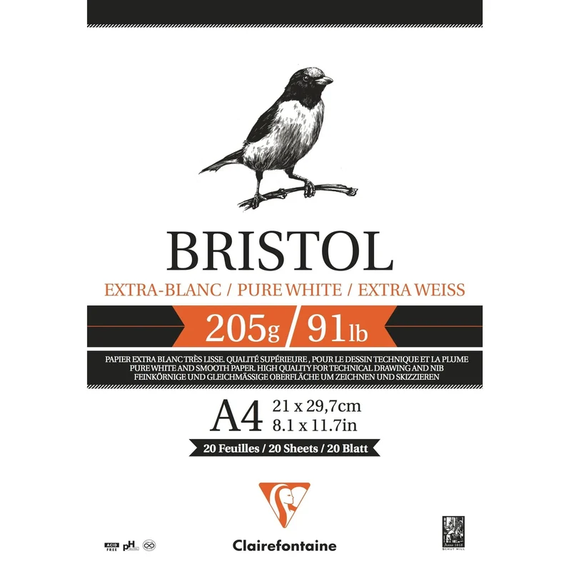Blok za crtanje CLAIREFONTAINE Bristol 205 g/m² – 20 listova, A4 – A3
