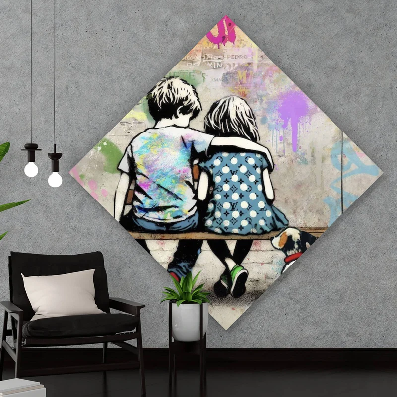 Acrylglasbild Kinder auf Bank mit Herzballon Popart Raute