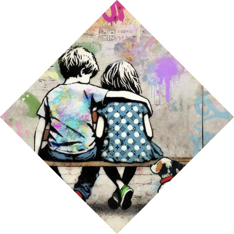 Aluminiumbild Kinder auf Bank mit Herzballon Popart Raute