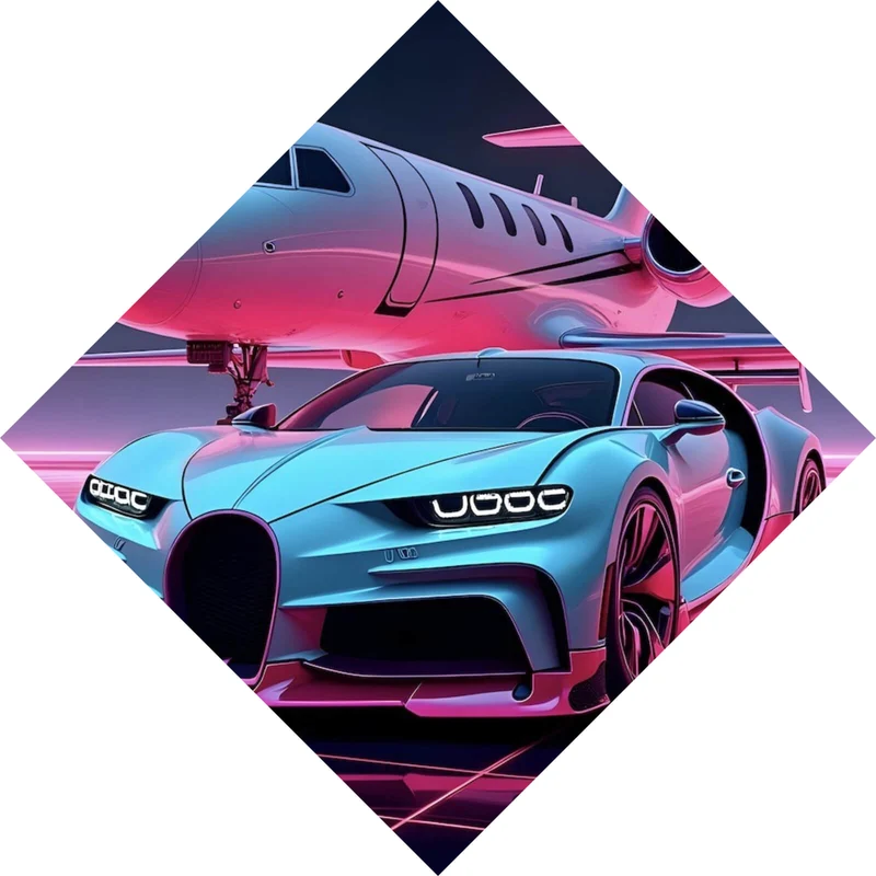 Aluminiumbild Luxuriöses Auto und Jet in futuristischer Umgebung Raute