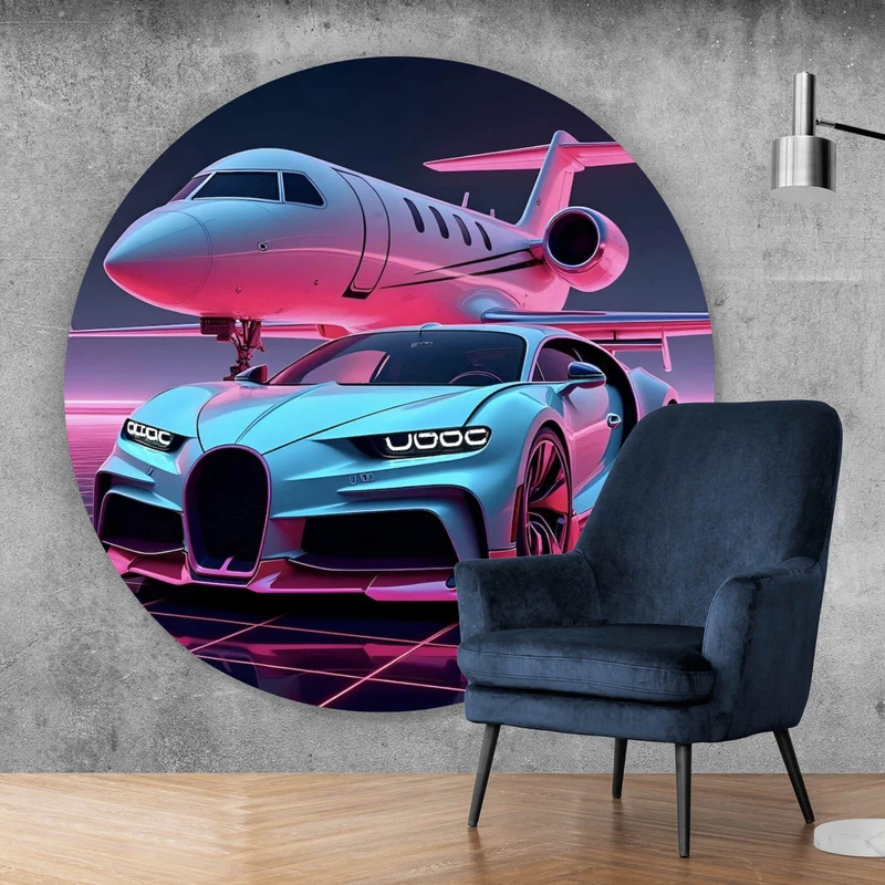 Aluminiumbild gebürstet Luxuriöses Auto und Jet in futuristischer Umgebung Kreis